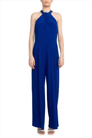 Nina Leonard Crossed Neck Sleeveless Keyhole Back Solid Jersey Jumpsuit_Deep Sapphire_Front detailed View
