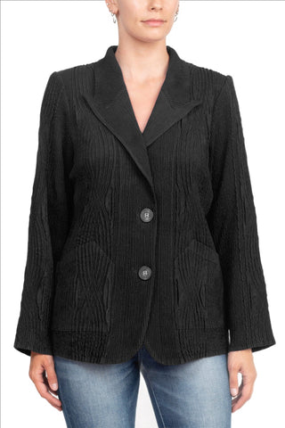 Flair Notched Collar Long Sleeve 2 Button Closure Solid Textured Jacket_black_front View