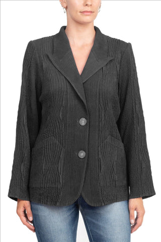 Flair Notched Collar Long Sleeve 2 Button Closure Solid Textured Jacket_charcoal_front View