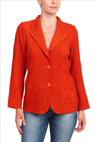Flair Notched Collar Long Sleeve 2 Button Closure Solid Textured Jacket_poppy_front View