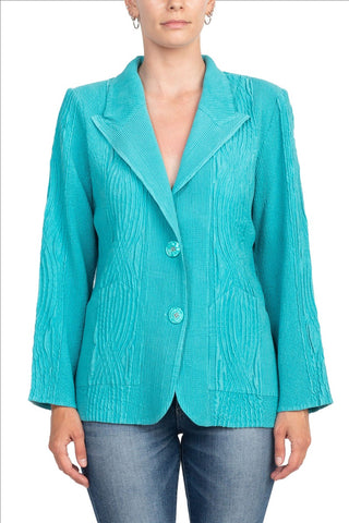 Flair Notched Collar Long Sleeve 2 Button Closure Solid Textured Jacket_turquoise_front View