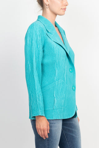 Flair Notched Collar Long Sleeve 2 Button Closure Solid Textured Jacket_turquoise_side View