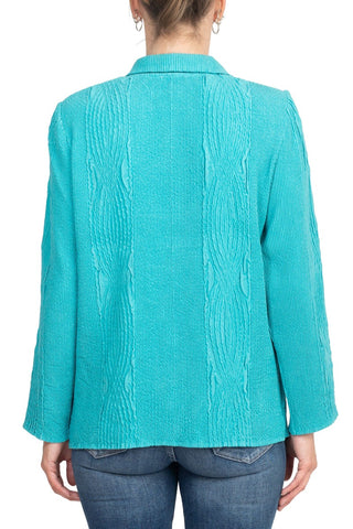 Flair Notched Collar Long Sleeve 2 Button Closure Solid Textured Jacket_turquoise_back View
