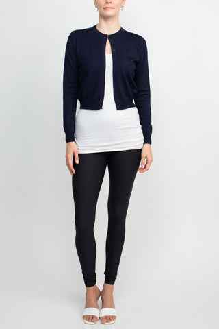 Luxxe Lane Crew Neck Open Front Hook Eye Closure Long Sleeve Lace Back Knit Bolero_Navy_Front Full View