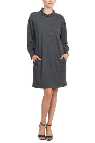 London Times Turtle Neck Long Sleeve Side Pockets Short Knit Dress - Charcoal Heather - Front