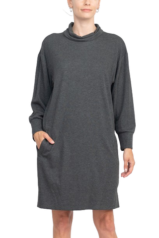 London Times Turtle Neck Long Sleeve Side Pockets Short Knit Dress - Charcoal Heather - Front