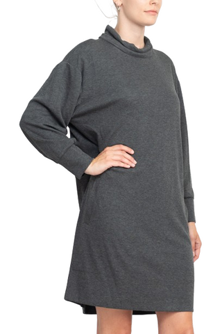 London Times Turtle Neck Long Sleeve Side Pockets Short Knit Dress - Charcoal Heather - Side