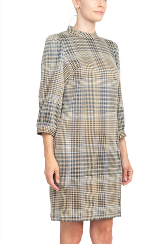 London Times Crew Neck 3/4 Bishop Sleeves Checkered Short Dress