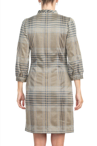 London Times Crew Neck 3/4 Bishop Sleeves Checkered Short Dress