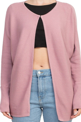 Lissy Crew Neck Open Front Long Sleeve Knit Cardigan_DARK PINK_Front View