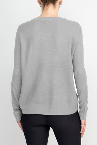 Melrose Chic Crew Neck Long Sleeve Knit Top_light_grey_back view