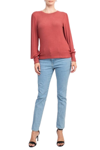 Catherine Malandrino Crew Neck Long Sleeve Elastic Cuff’s Solid Knit Top - Cedar - Front full view