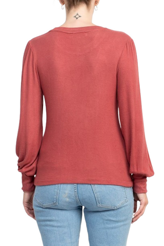 Catherine Malandrino Crew Neck Long Sleeve Elastic Cuff’s Solid Knit Top - Cedar - Back