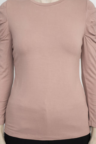 Catherine Malandrino Crew Neck Long Sleeve Ruched Shoulder Solid Knit Top_Ash Smoke_Front Detailed View
