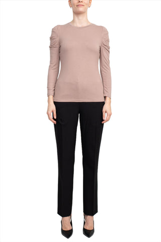 Catherine Malandrino Crew Neck Long Sleeve Ruched Shoulder Solid Knit Top_Ash Smoke_Front Full View