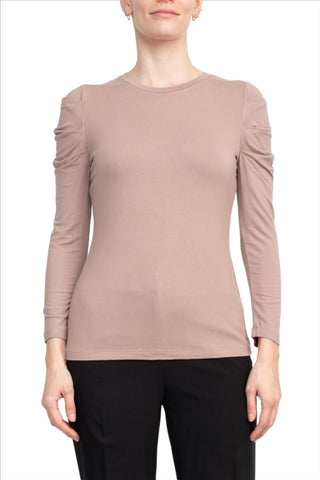 Catherine Malandrino Crew Neck Long Sleeve Ruched Shoulder Solid Knit Top_Ash Smoke_Front View