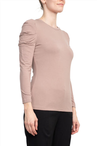 Catherine Malandrino Crew Neck Long Sleeve Ruched Shoulder Solid Knit Top_Ash Smoke_Side View