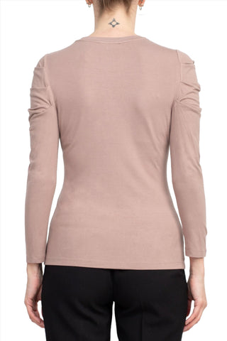 Catherine Malandrino Crew Neck Long Sleeve Ruched Shoulder Solid Knit Top_Ash Smoke_Back View
