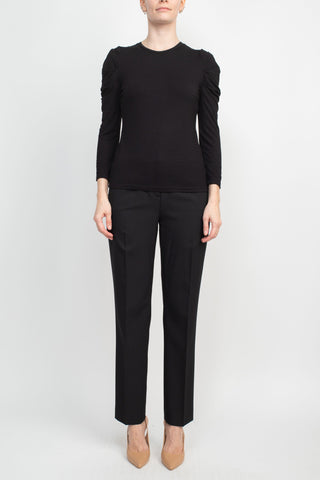Catherine Malandrino Crew Neck Long Sleeve Ruched Shoulder Solid Knit Top_Black_Front Full View