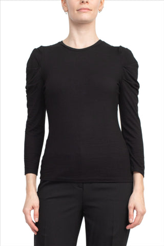 Catherine Malandrino Crew Neck Long Sleeve Ruched Shoulder Solid Knit Top_Black_Front View