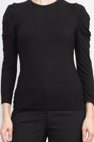 Catherine Malandrino Crew Neck Long Sleeve Ruched Shoulder Solid Knit Top_Black_Front Detailed View