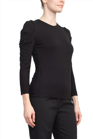 Catherine Malandrino Crew Neck Long Sleeve Ruched Shoulder Solid Knit Top_Black_Side View