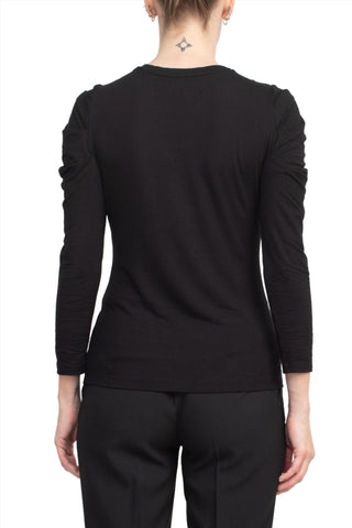 Catherine Malandrino Crew Neck Long Sleeve Ruched Shoulder Solid Knit Top_Black_Back View