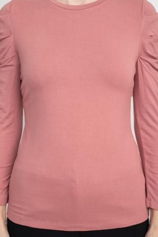 Catherine Malandrino Crew Neck Long Sleeve Ruched Shoulder Solid Knit Top_Mountain Rose_Front Detailed View