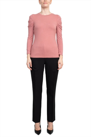 Catherine Malandrino Crew Neck Long Sleeve Ruched Shoulder Solid Knit Top_Mountain Rose_Front Full View