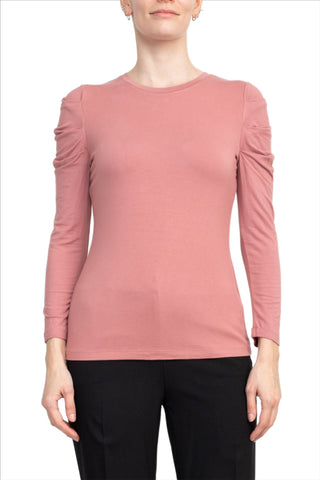 Catherine Malandrino Crew Neck Long Sleeve Ruched Shoulder Solid Knit Top_Mountain Rose_Front View