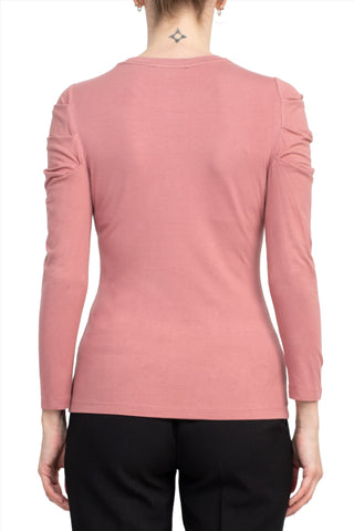 Catherine Malandrino Crew Neck Long Sleeve Ruched Shoulder Solid Knit Top_Mountain Rose_Back View