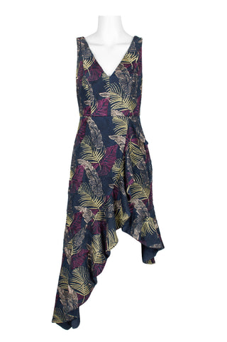 Aidan Mattox V-Neck Sleeveless Flutter High Low Hem Multi Print Concealed Zipper Back Embroidered Mesh Dress