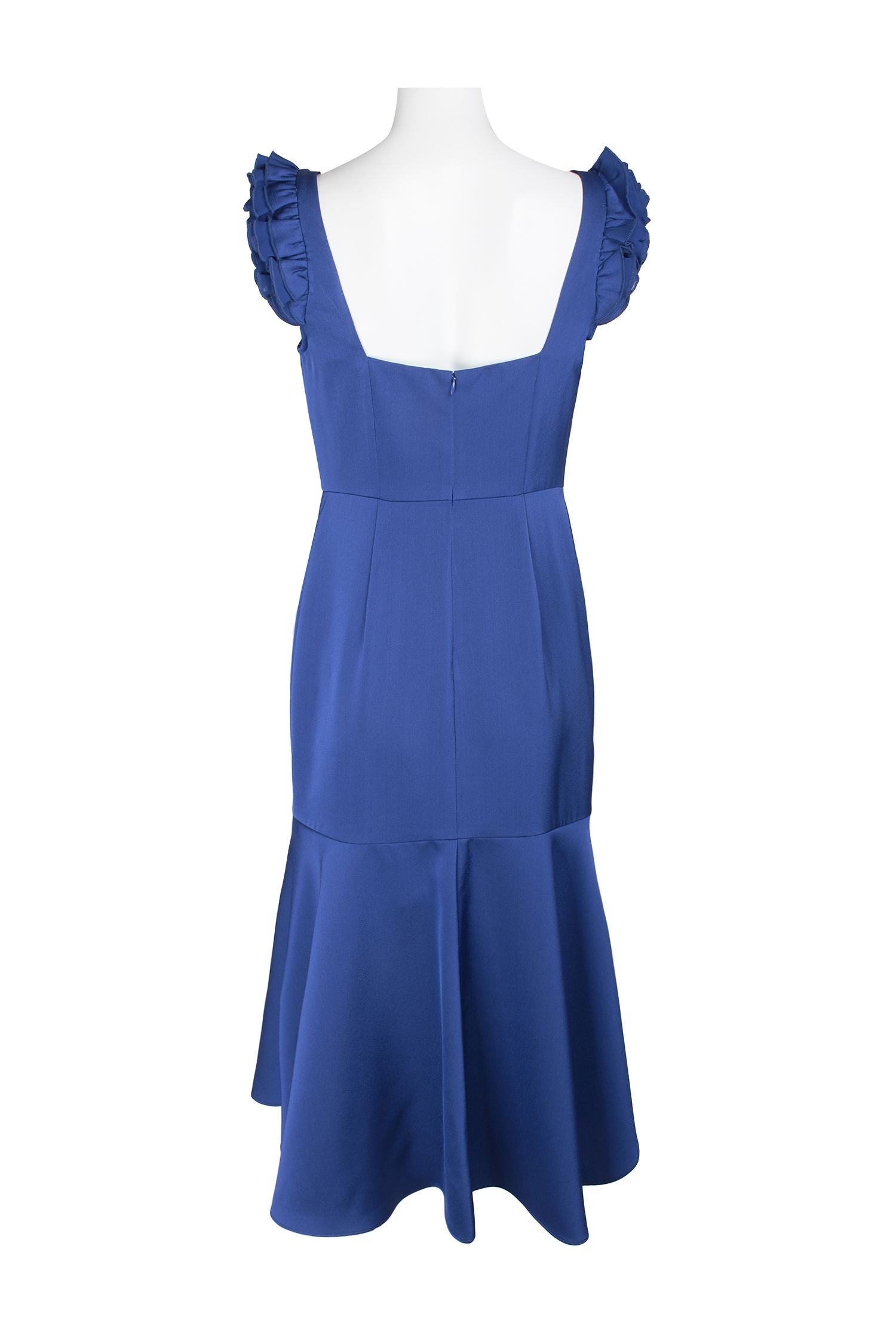 Aidan Mattox Square Neck Ruffled Shoulder Sleeveless High Low Hem Zipper Back Crepe Dress | Available at Curated Brands in Los Angeles Aidan Mattox Square Neck Ruffled Shoulder Sleeveless High Low Hem Zipper Back Crepe Dress | Available at Curated Brands in Los Angeles