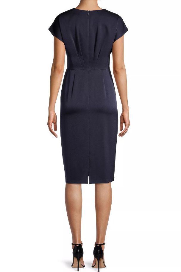 Aidan Mattox Sequin Lace Applique V-Neck Cap Sleeve Peplum Satin Dress