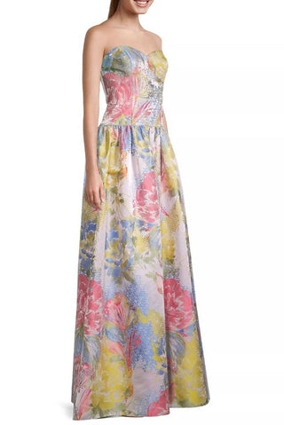 Aidan Mattox Floral Jacquard Strapless Gown - Coral Multi - Side View