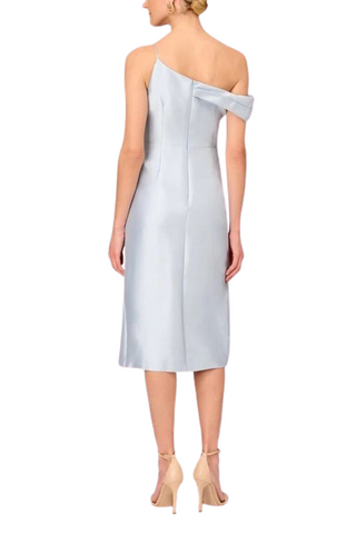 Aidan Mattox One Shoulder Asymmetrical Pleated Side Zipper Closure Wrap Skirt Mikado Dress - Clear Water - Back View