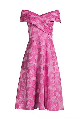 Aidan Mattox Elegant Magenta Floral Jacquard Off-The-Shoulder Midi-Dress_Front View1