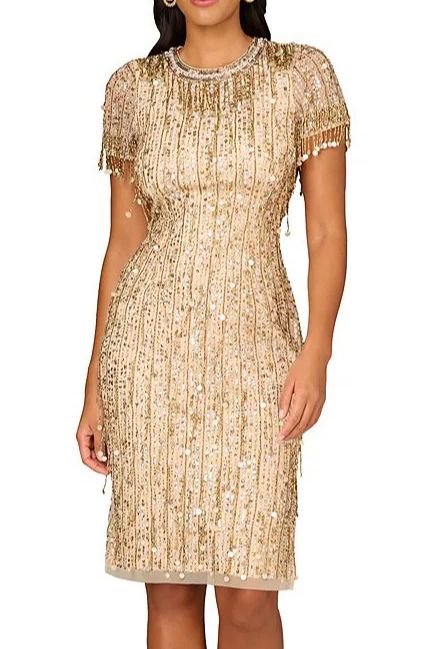 Aidan Mattox Light Gold Beaded Sequin Crew Neck Short Sleeve Dress Aidan Mattox Light Gold Beaded Sequin Crew Neck Short Sleeve Dress