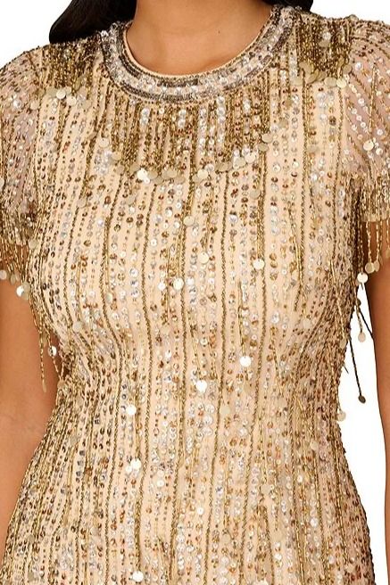 Aidan Mattox Light Gold Beaded Sequin Crew Neck Short Sleeve Dress Aidan Mattox Light Gold Beaded Sequin Crew Neck Short Sleeve Dress