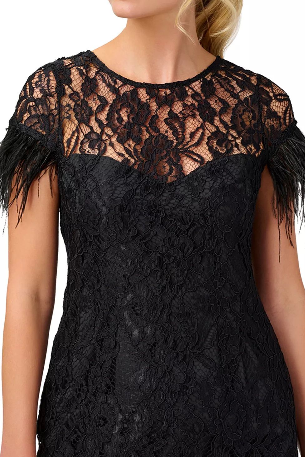 Aidan Mattox Crew Neck Short Feather Sleeves Back Zipper Mini Lace Dress | Available at Curated Brands in Los Angeles Aidan Mattox Crew Neck Short Feather Sleeves Back Zipper Mini Lace Dress | Available at Curated Brands in Los Angeles