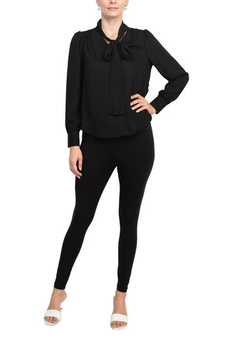 Zac & Rachel Tie Neck Long Sleeve Solid Crepe Chiffon Top - Black - Front full view