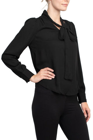 Zac & Rachel Tie Neck Long Sleeve Solid Crepe Chiffon Top - Black - Side