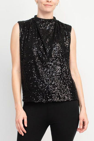 Nicole Miller Gemma All Over Sequin Sleeveless Top-Very Black_Front  View1