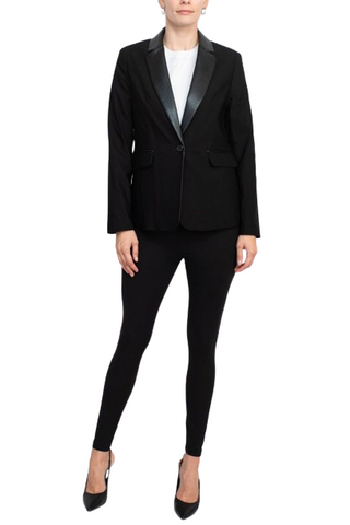 Zac & Rachel notched collar long sleeve one button closure stretch crepe blazer - Black - Front full view