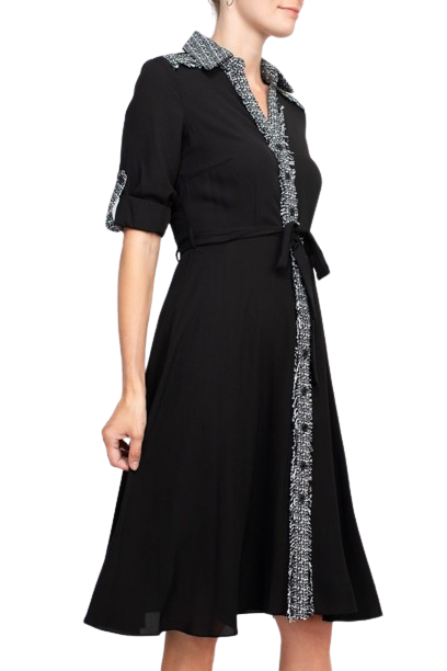 Nanette Lepore Collared Crochet Detail Button Down Folded Sleeve Tie Waist Chiffon Dress | Available at Curated Brands in Los Angeles Nanette Lepore Collared Crochet Detail Button Down Folded Sleeve Tie Waist Chiffon Dress | Available at Curated Brands in Los Angeles