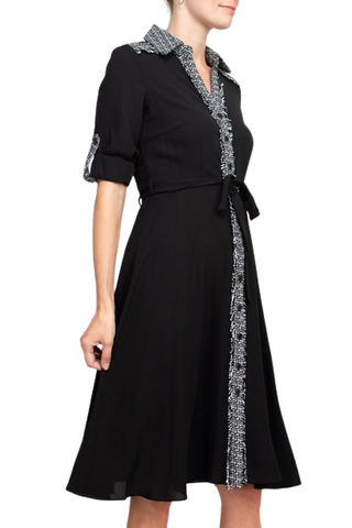 Nanette Lepore Collared Crochet Detail Button Down Folded Sleeve Tie Waist Chiffon Dress - Black Cream - Side