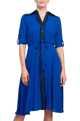 Nanette Lepore Collared Crochet Detail Button Down Folded Sleeve Tie Waist Chiffon Dress - Surf the Web - Front 