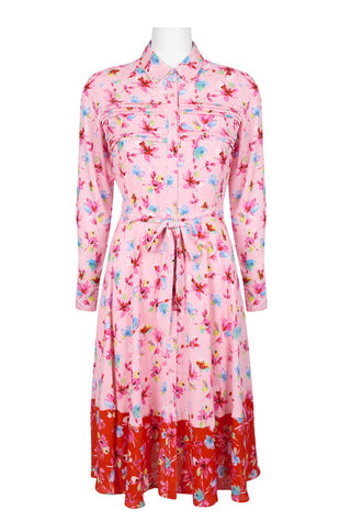 NANETTE Nanette Lepore Collared Button Down Long Sleeve Tie Waist Pleated Floral Print Polyester Dress