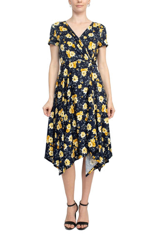 Perceptions V-Neck Short Sleeve Gathered Side Floral Print ITY Dress