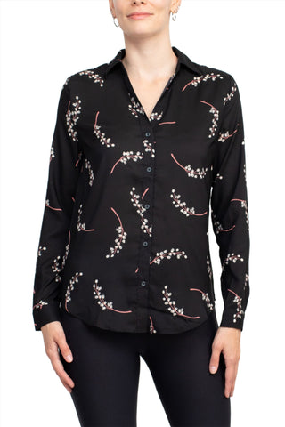 Premise Collar Neck Button Detail Long Sleeve Printed Crepe Top